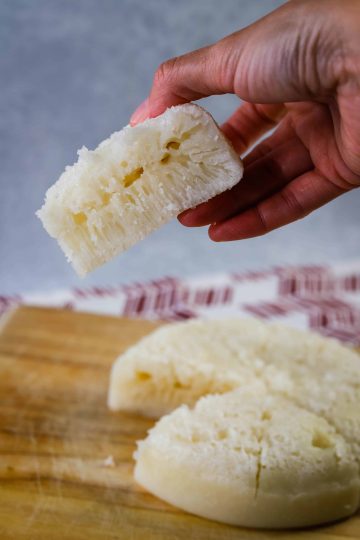 hand holding a piece of chinese rice cake