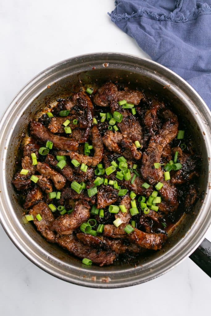 mongolian beef in a pan
