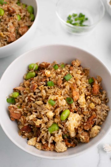 salmon fried rice in a bowl