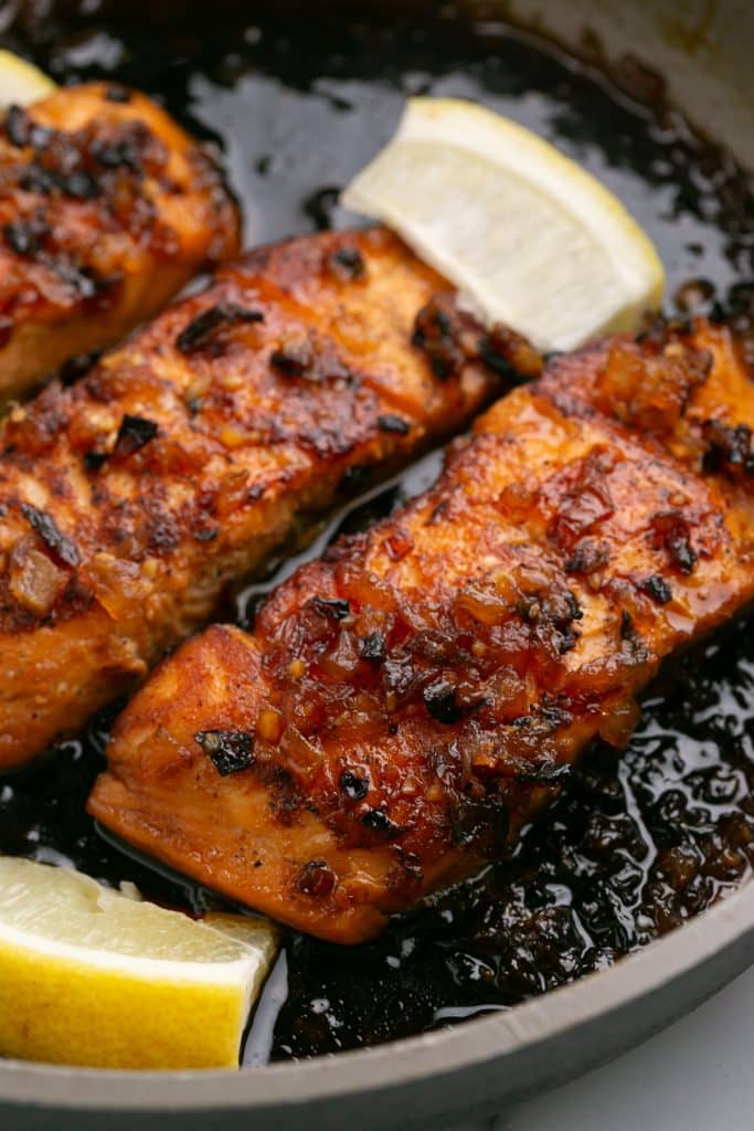 honey garlic salmon in a pan