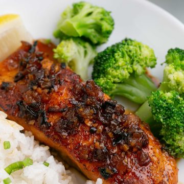 honey garlic salmon with white rice and broccoli on a plate