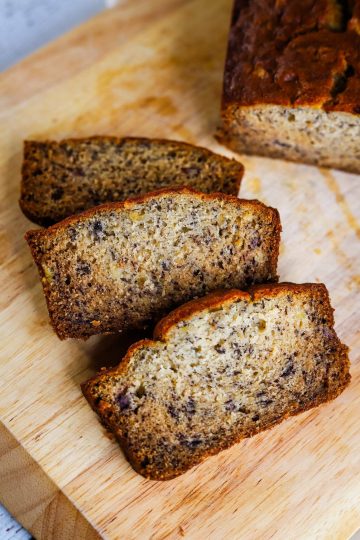sliced Hawaiian banana bread on a cutting board
