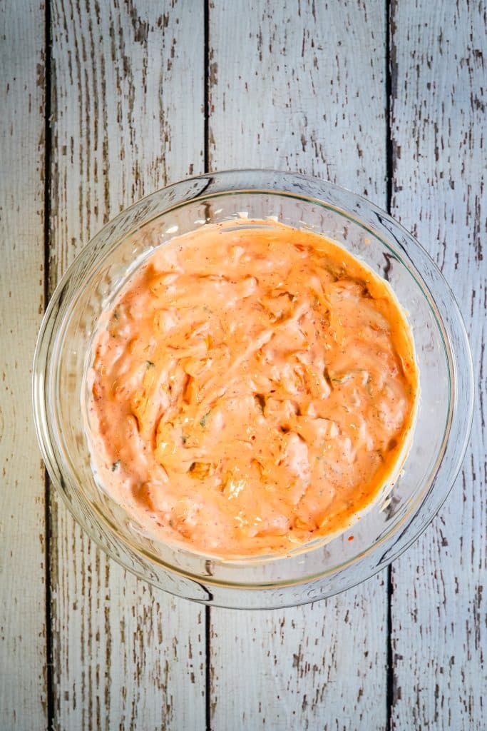 kimchip dip in a glass bowl