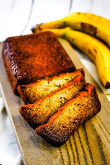 sliced mochi banana bread on a cutting board