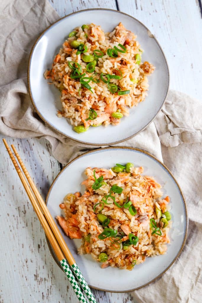 two small plates teriyaki salmon rice
