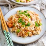 close up of a plate of teriyaki salmon rice