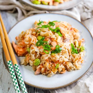 close up of a plate of teriyaki salmon rice