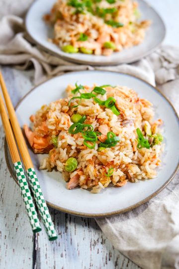 close up of a plate of teriyaki salmon rice