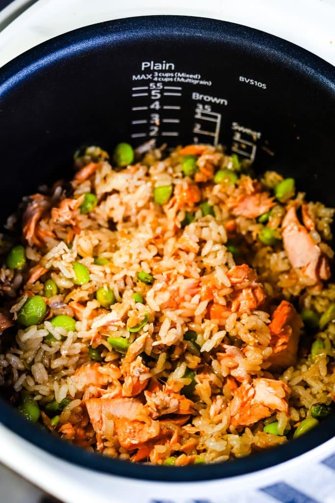 teriyaki salmon rice in a rice cooker