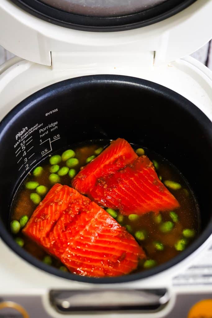 raw ingredients for teriyaki salmon rice in the rice cooker