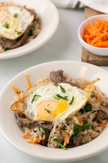 rice cooker bibimbap in a bowl on a table